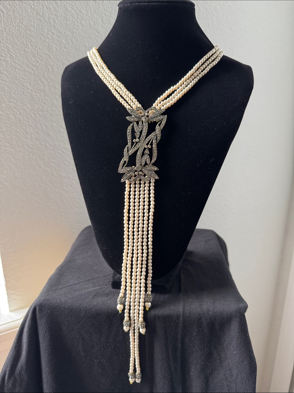 Heidi Daus Cream Pearl Multi-Strand  Necklace, Silver-Tone Dragonfly Filigree